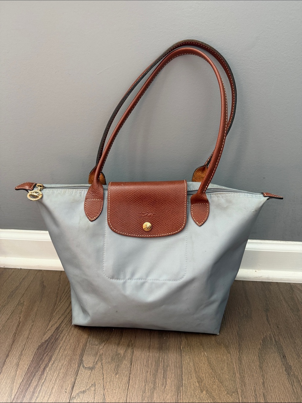Longchamp Le Pliage Shoulder Tote Bag Grey Brown Trim
